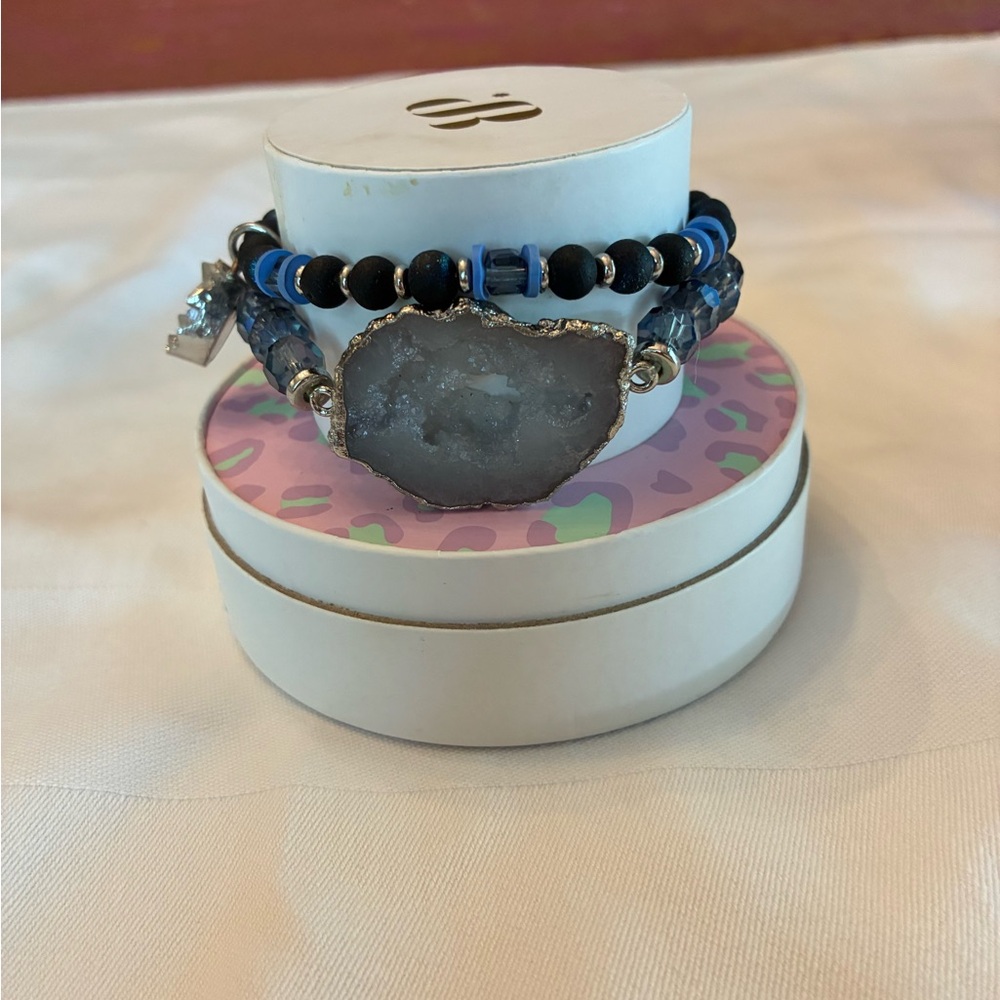 Blue and Black Beaded Bracelet with Crystal Centerpiece
